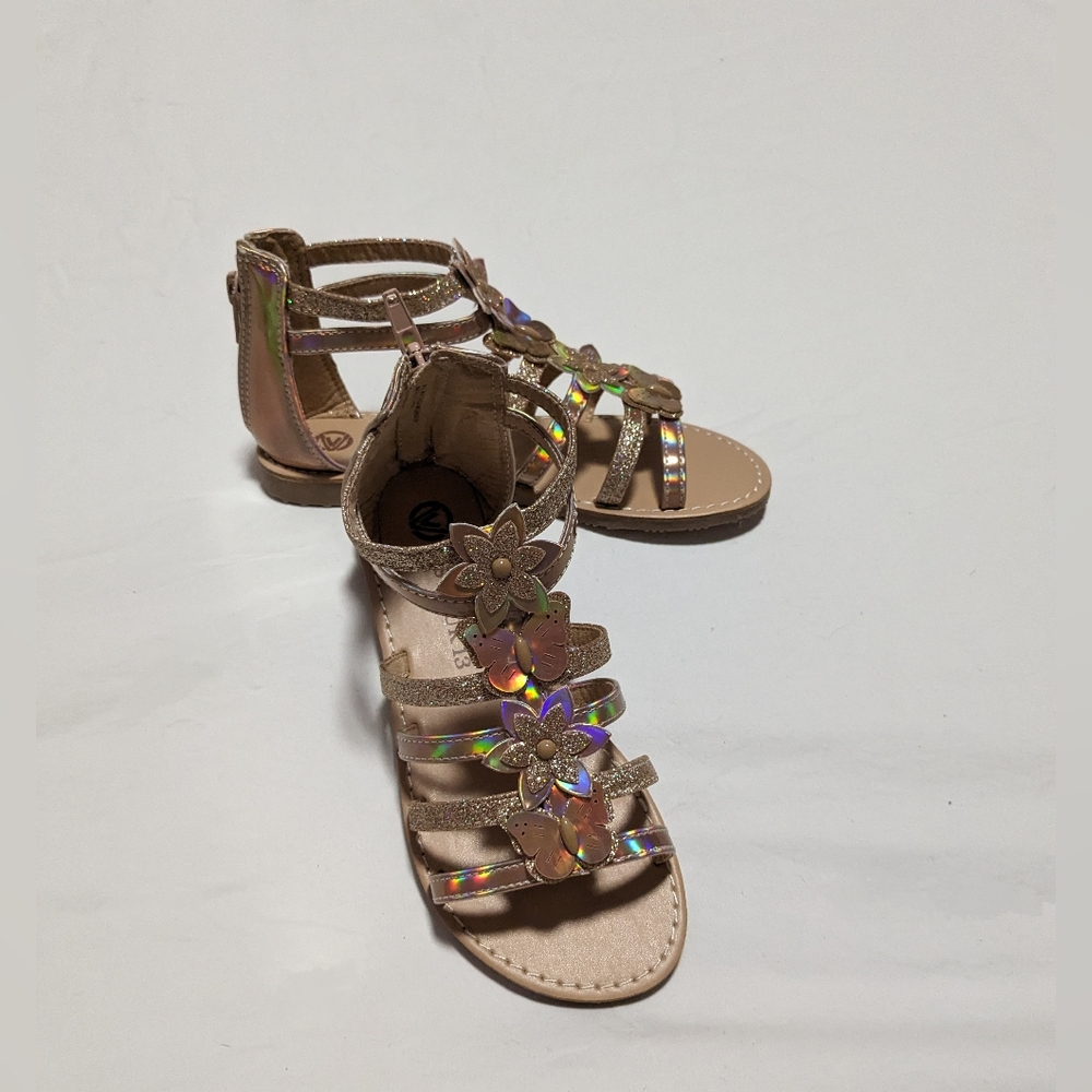Girls rose gold sandals with butterflies and flowers, size 1